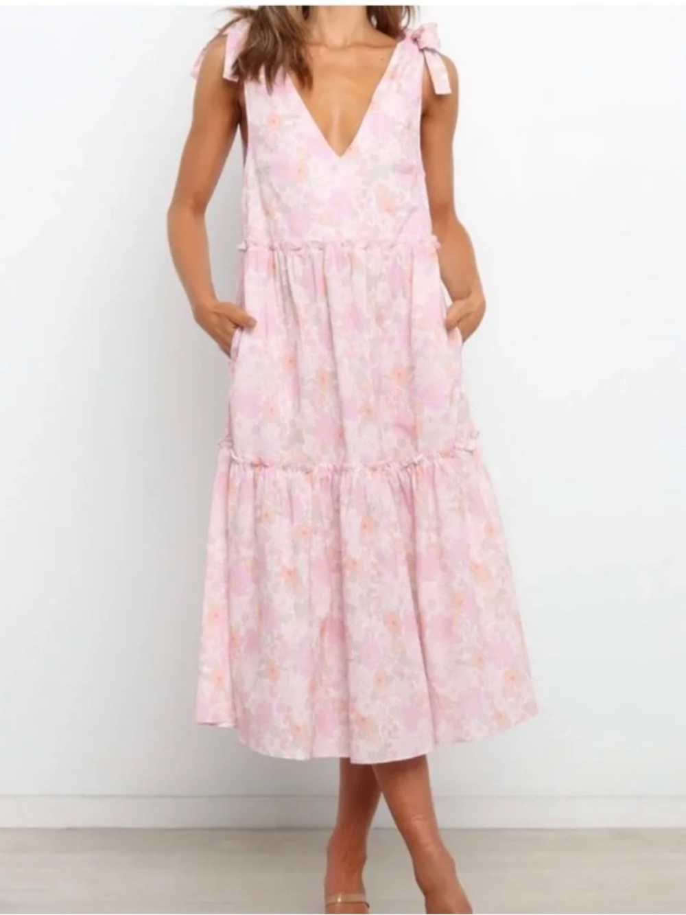 Petal & Pup Eranda Floral Tie Shoulder Tiered Midi Dress Pink Size 4